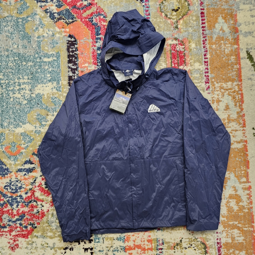 Rainier Essential Rain Mens Jacket Navy Blue w/Hood Size XL Zip Up